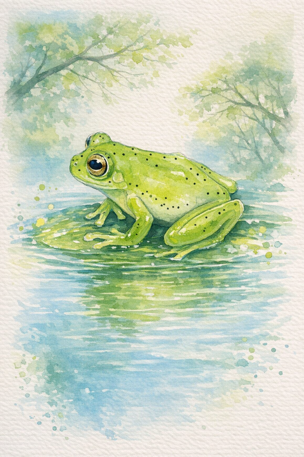 Serene Pond Frog Watercolor – 4x6" Glossy Sticker