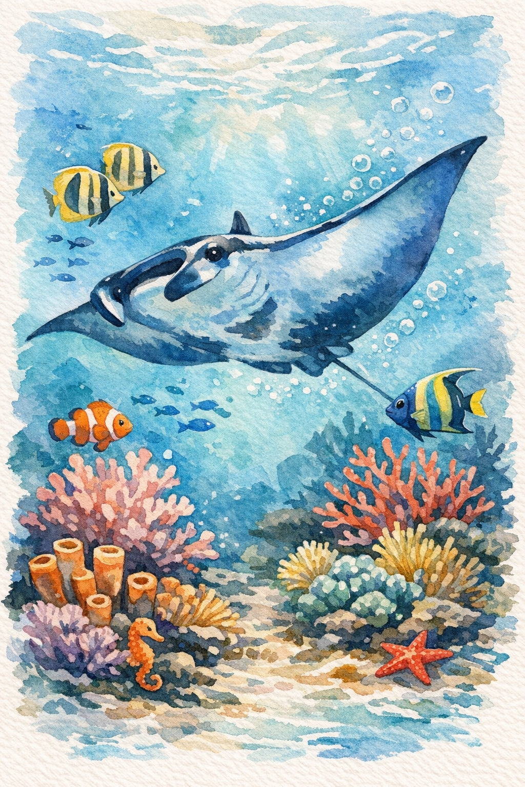 Majestic Manta Ray Undersea Watercolor – 4x6" Glossy Sticker